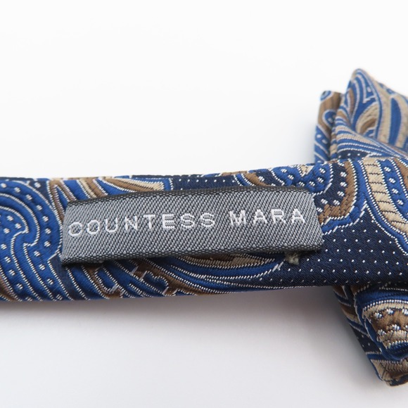 Countess Mara Bow Tie Blue Brown Paisley 2.5" Wide Pre Tie Polyester - Picture 3 of 5